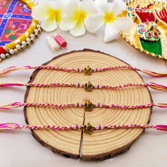 Auspicious Lord Ganesha Designer Rakhi Collection – Choose from Elegant Pink Bead Variants -₹55 per piece