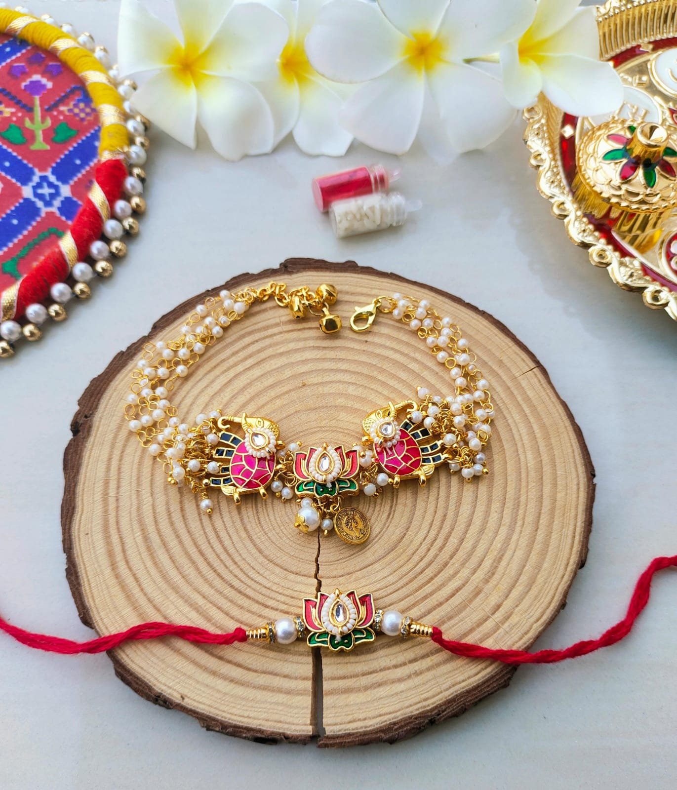 Lotus & Royal Elephant Bhaiya Bhabhi Rakhi Combo Set