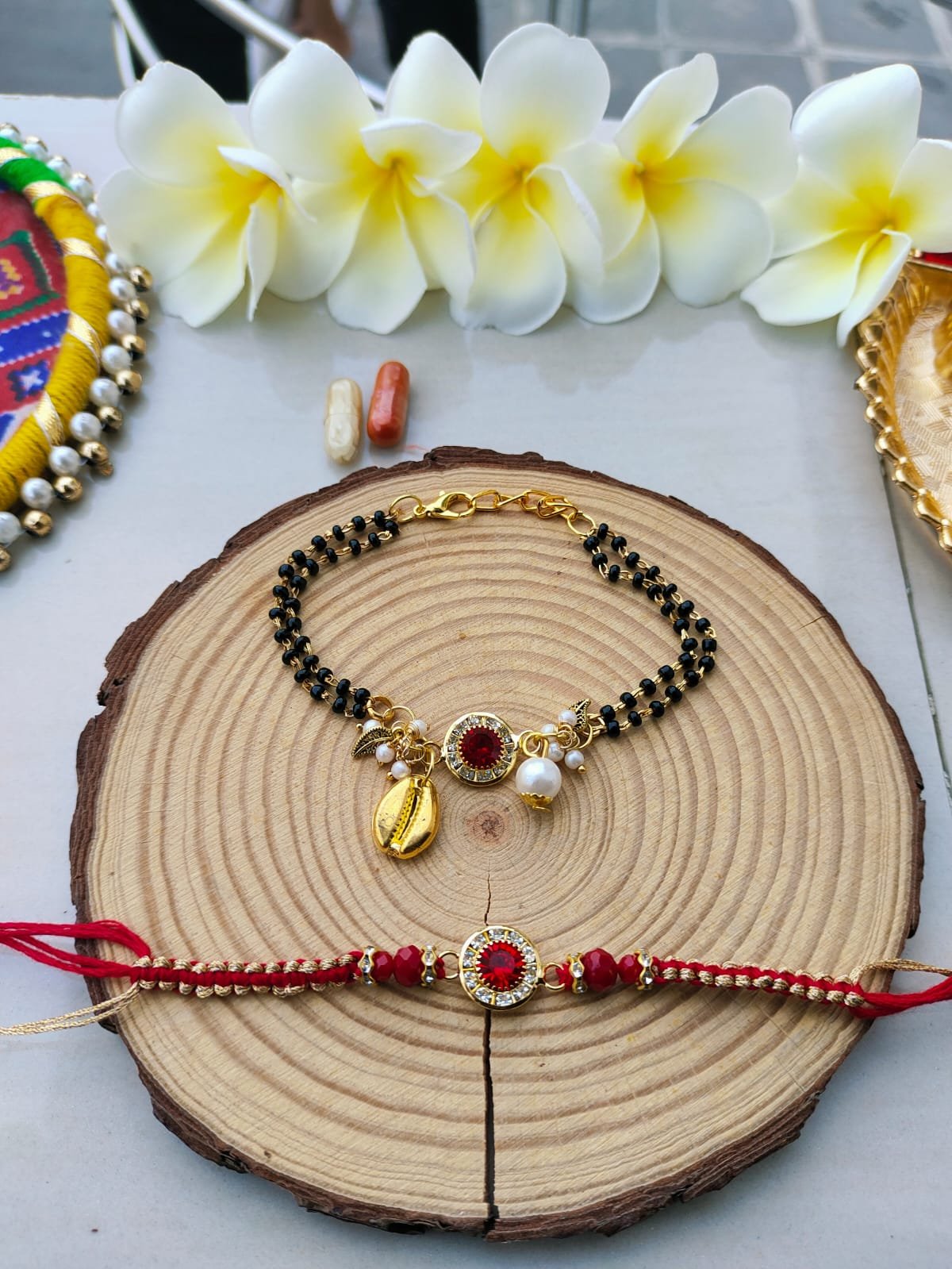 Ruby Red Mangalsutra Style Bhaiya Bhabhi Combo Rakhi Set - Image 2