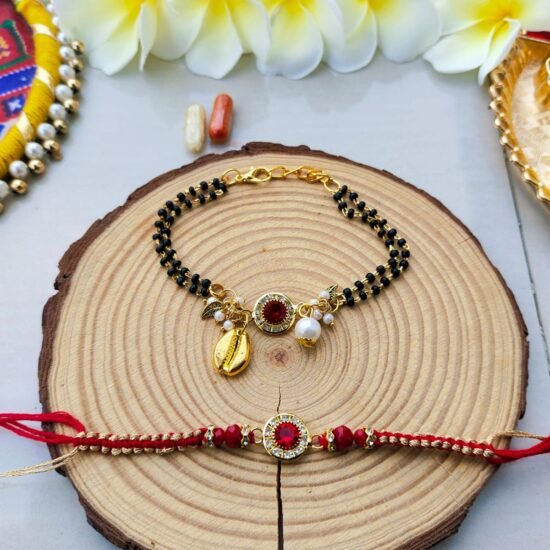 Ruby Red Mangalsutra Style Bhaiya Bhabhi Combo Rakhi Set