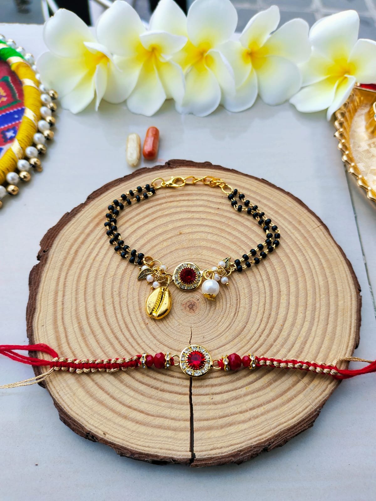 Ruby Red Mangalsutra Style Bhaiya Bhabhi Combo Rakhi Set