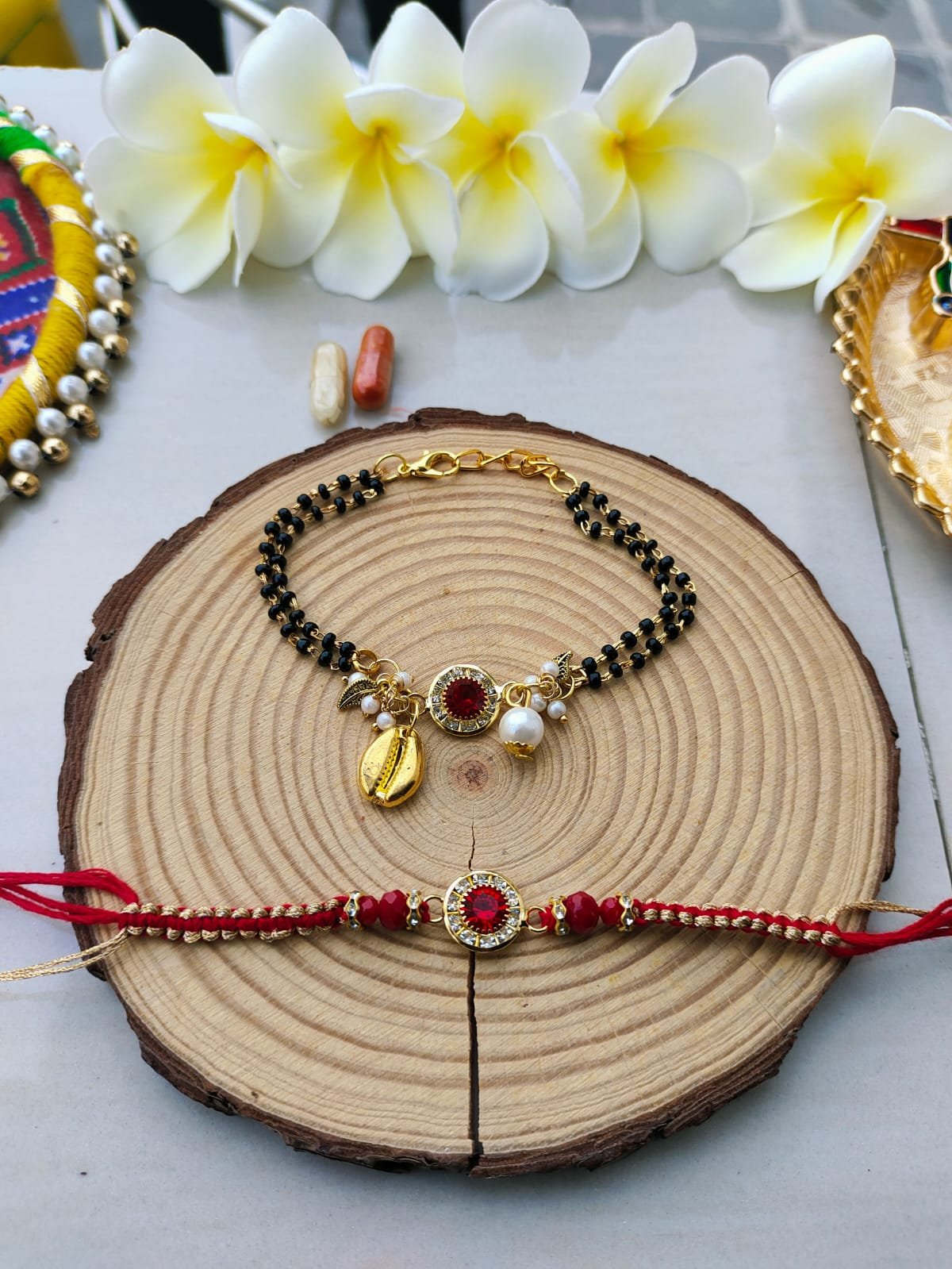 Ruby Red Mangalsutra Style Bhaiya Bhabhi Combo Rakhi Set - Image 5