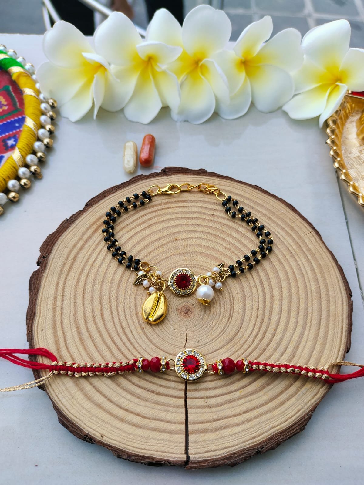 Ruby Red Mangalsutra Style Bhaiya Bhabhi Combo Rakhi Set - Image 4