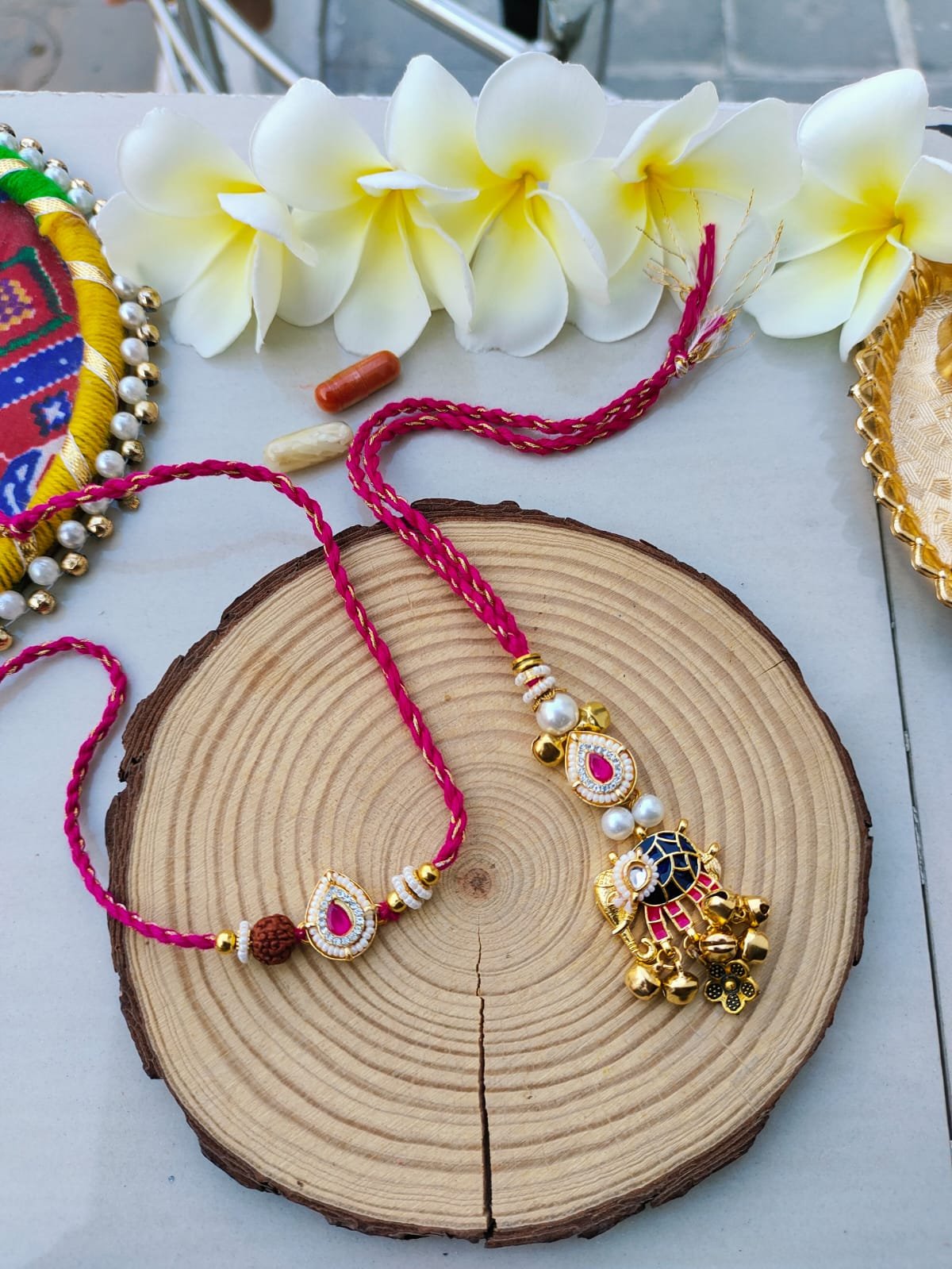 Royal Pink Meenakari Elephant Bhaiya Bhabhi Combo Rakhi Set - Image 3