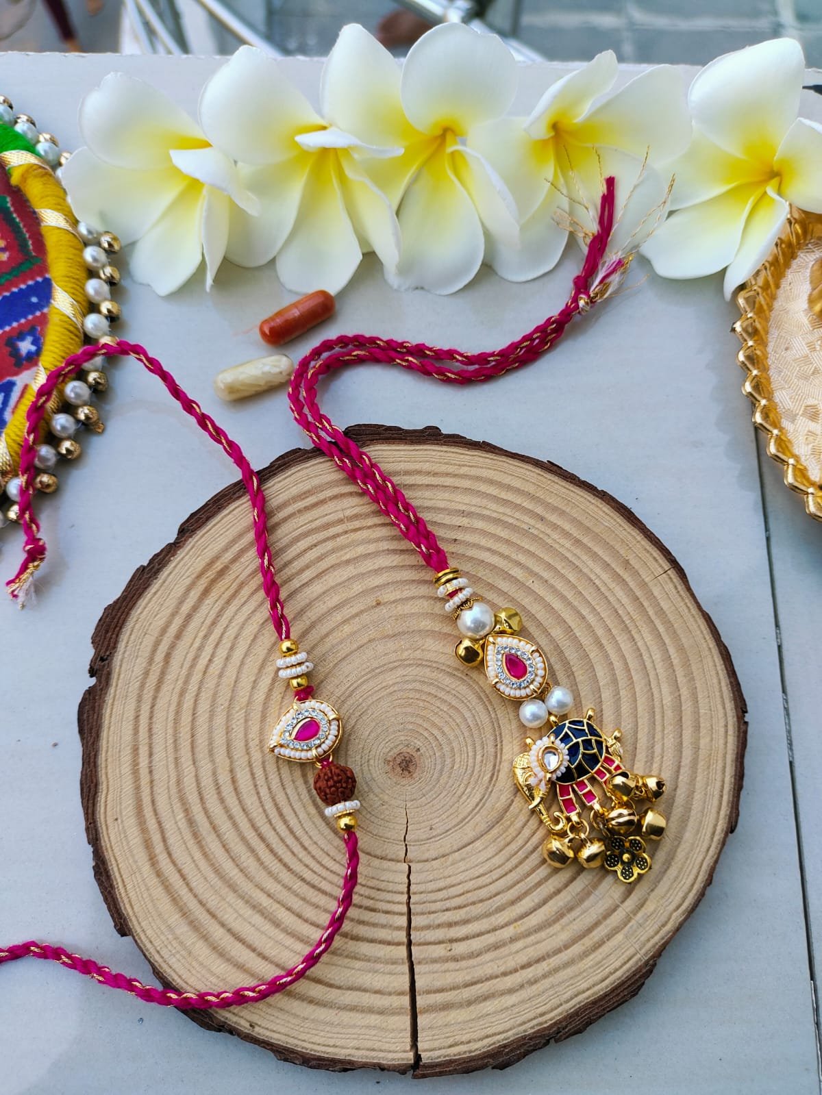 Royal Pink Meenakari Elephant Bhaiya Bhabhi Combo Rakhi Set - Image 2