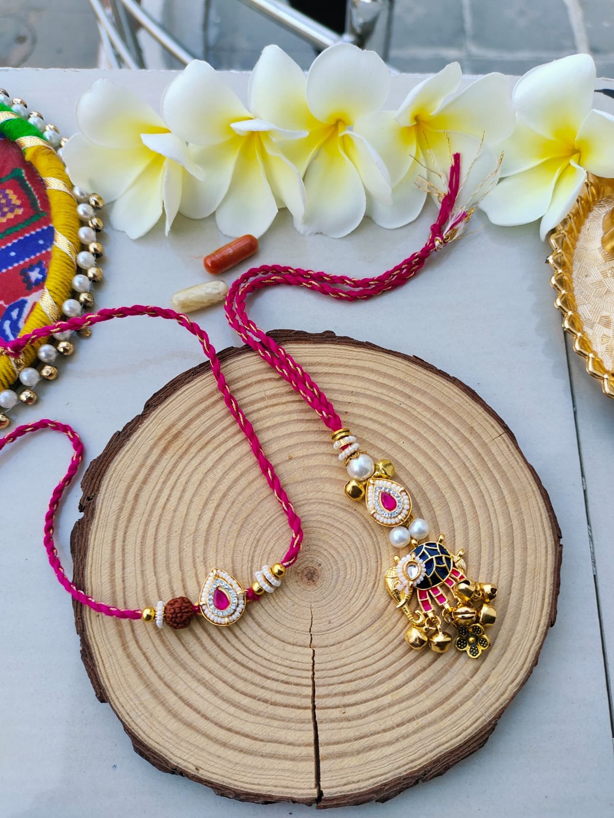 Royal Pink Meenakari Elephant Bhaiya Bhabhi Combo Rakhi Set - Image 4