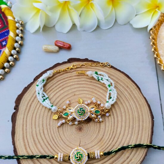 Auspicious Emerald Green Swastik Bhaiya Bhabhi Combo Rakhi Set