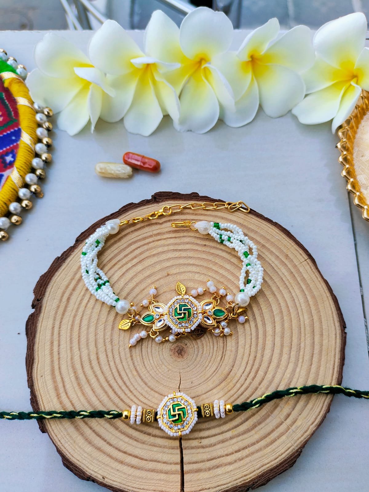 Auspicious Emerald Green Swastik Bhaiya Bhabhi Combo Rakhi Set