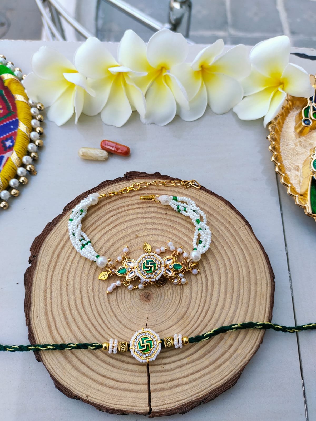 Auspicious Emerald Green Swastik Bhaiya Bhabhi Combo Rakhi Set - Image 3