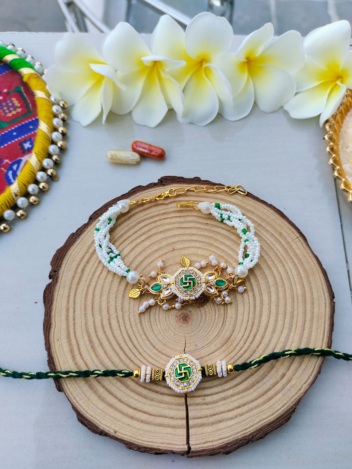 Auspicious Emerald Green Swastik Bhaiya Bhabhi Combo Rakhi Set - Image 4