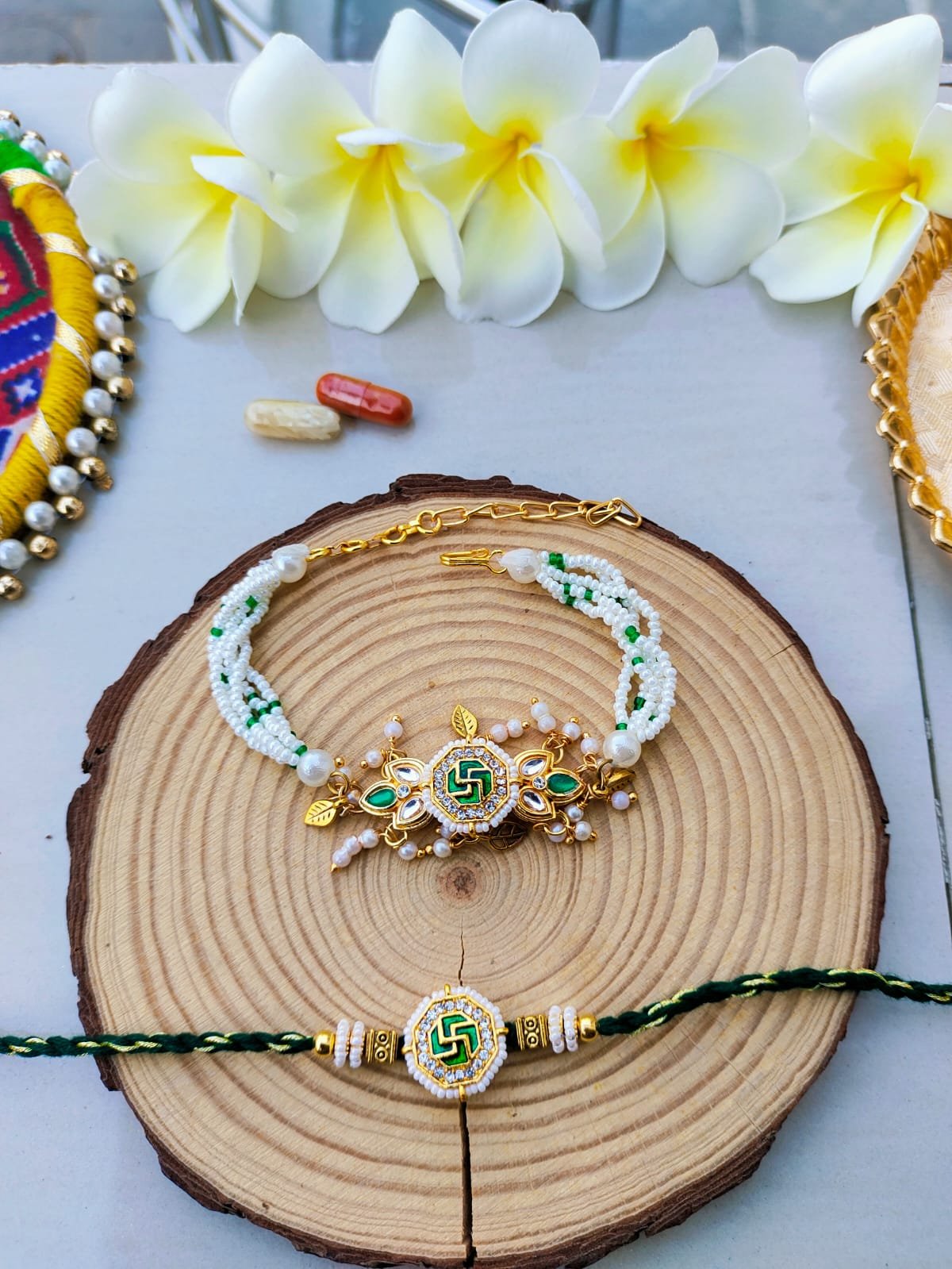 Auspicious Emerald Green Swastik Bhaiya Bhabhi Combo Rakhi Set - Image 2