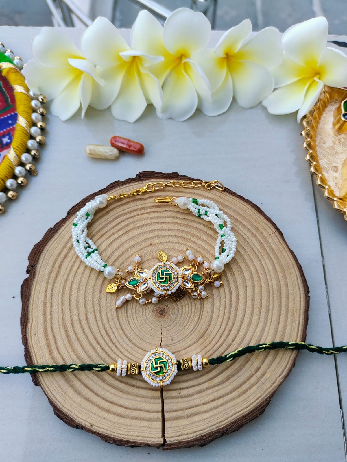 Auspicious Emerald Green Swastik Bhaiya Bhabhi Combo Rakhi Set - Image 5