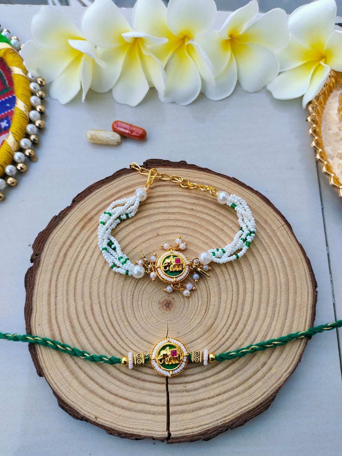 Auspicious Emerald Green Ganesha Bhaiya Bhabhi Combo Rakhi Set