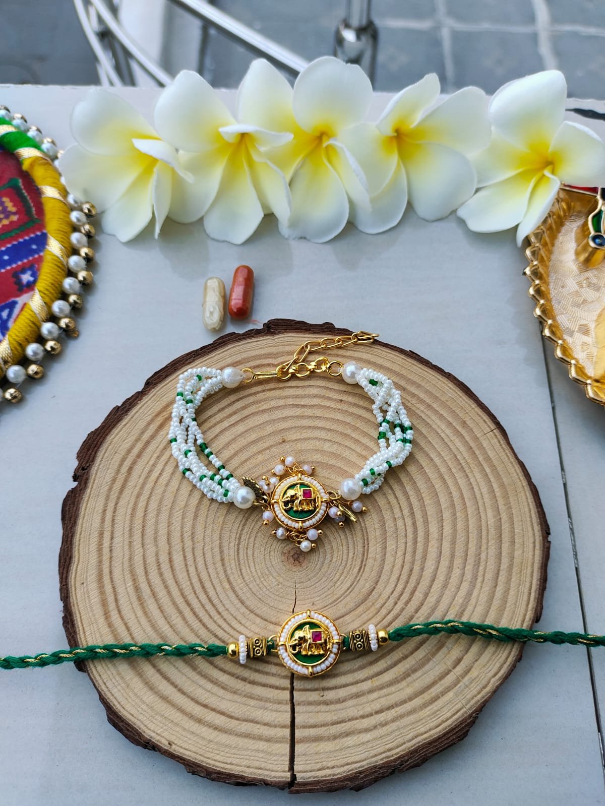 Auspicious Emerald Green Ganesha Bhaiya Bhabhi Combo Rakhi Set - Image 3