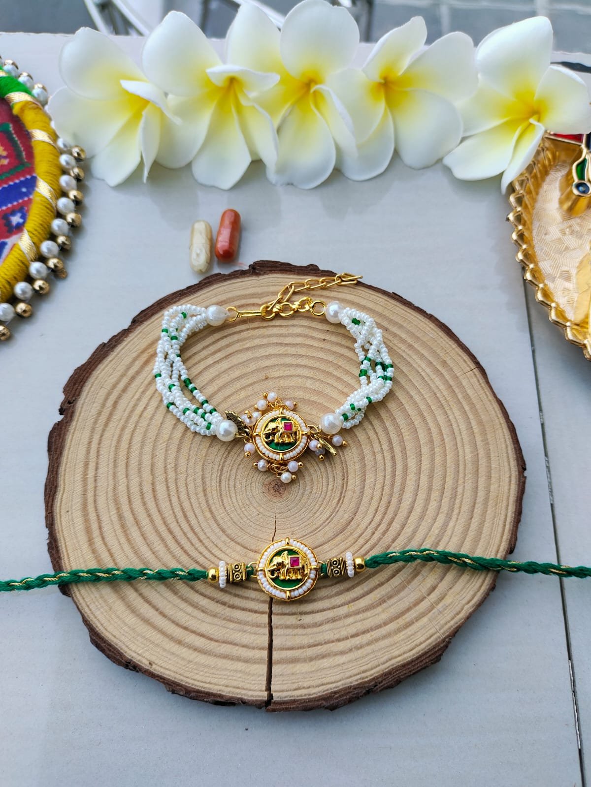 Auspicious Emerald Green Ganesha Bhaiya Bhabhi Combo Rakhi Set - Image 2