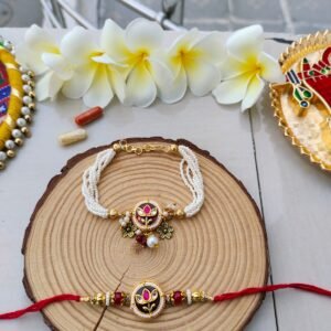 Royal Maroon Lotus Kundan Bhaiya Bhabhi Combo Rakhi Set
