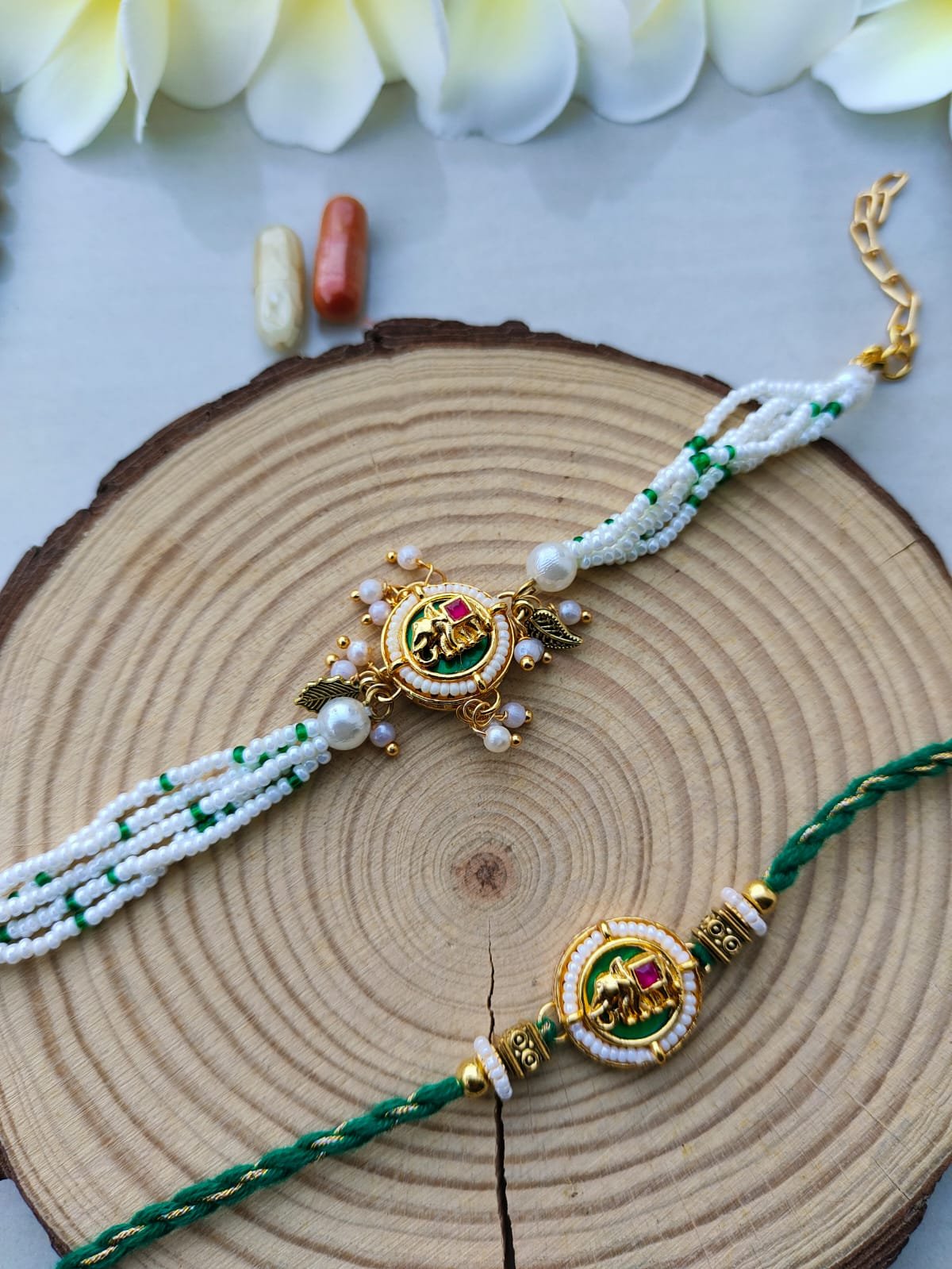 Auspicious Emerald Green Ganesha Bhaiya Bhabhi Combo Rakhi Set - Image 4