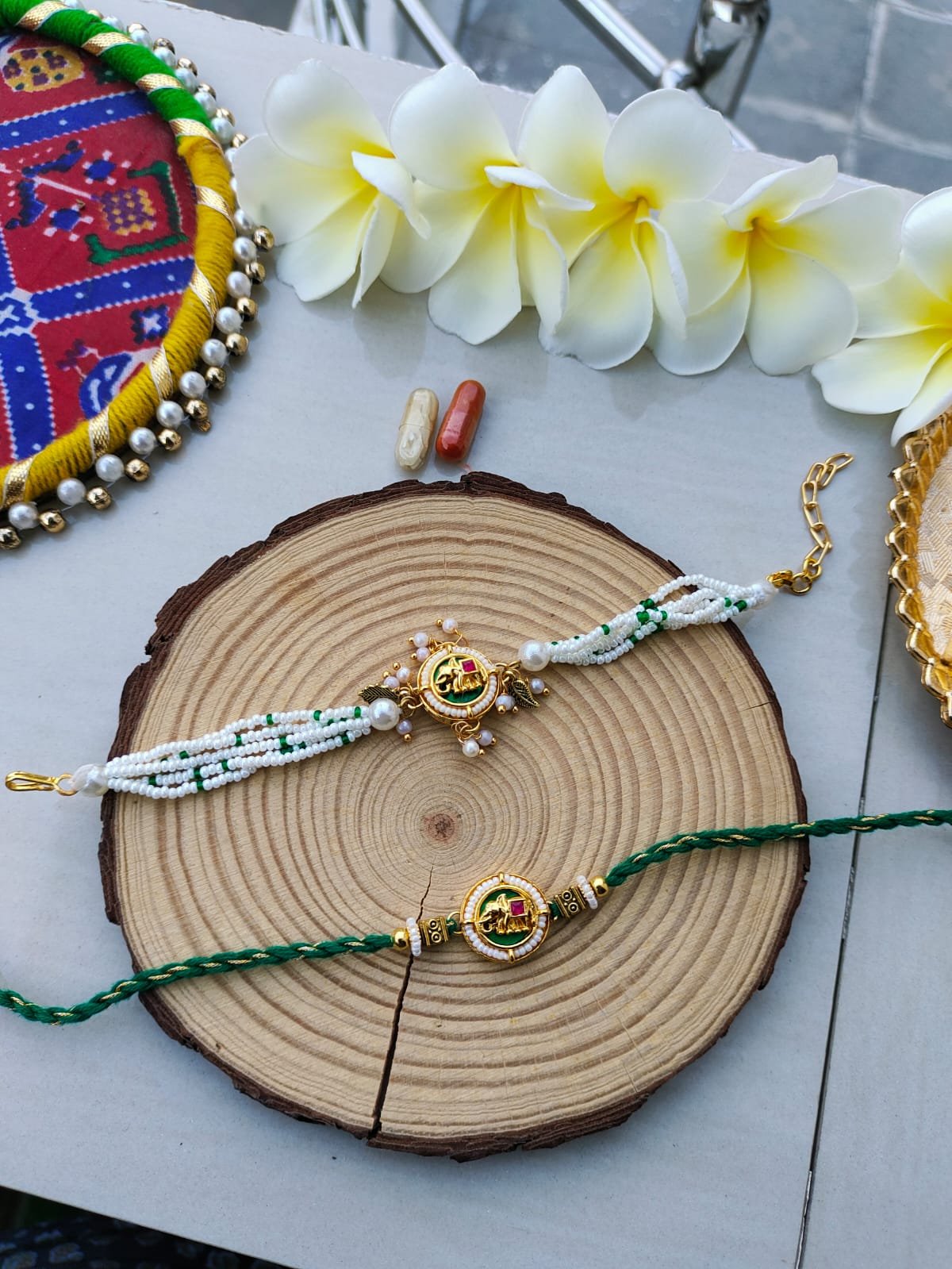 Auspicious Emerald Green Ganesha Bhaiya Bhabhi Combo Rakhi Set - Image 5