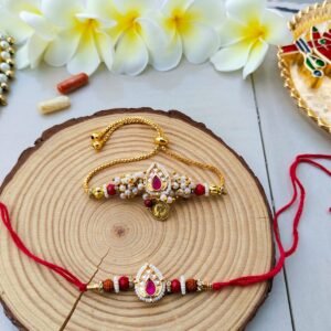 Royal Pink Kundan Laxmi Coin Bhaiya Bhabhi Combo Rakhi Set