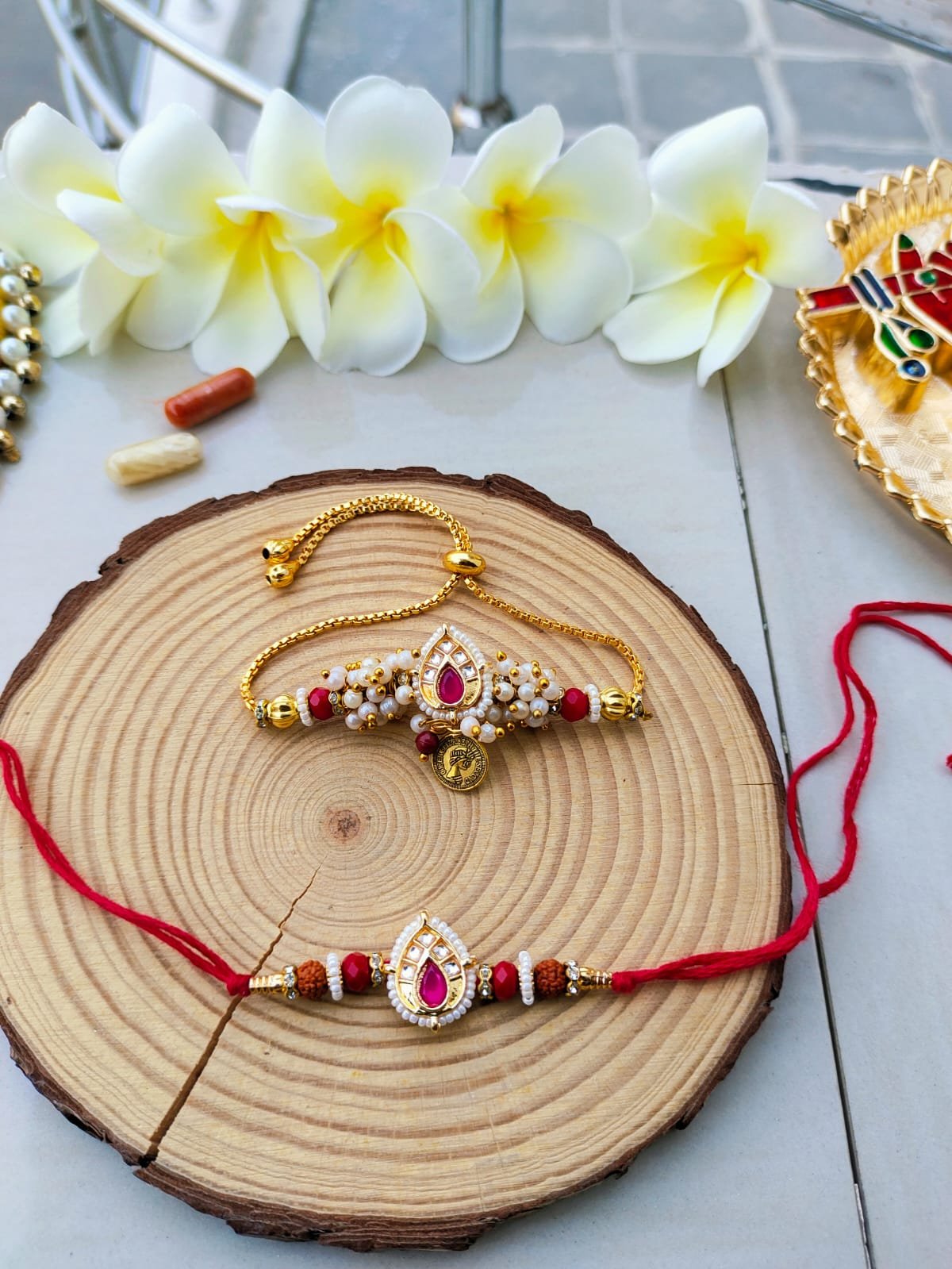 Royal Pink Kundan Laxmi Coin Bhaiya Bhabhi Combo Rakhi Set