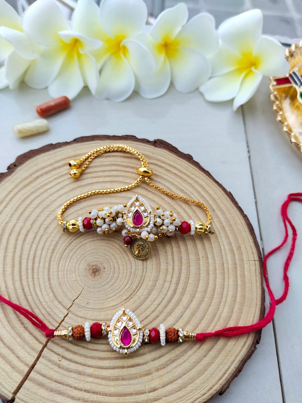Royal Pink Kundan Laxmi Coin Bhaiya Bhabhi Combo Rakhi Set - Image 3