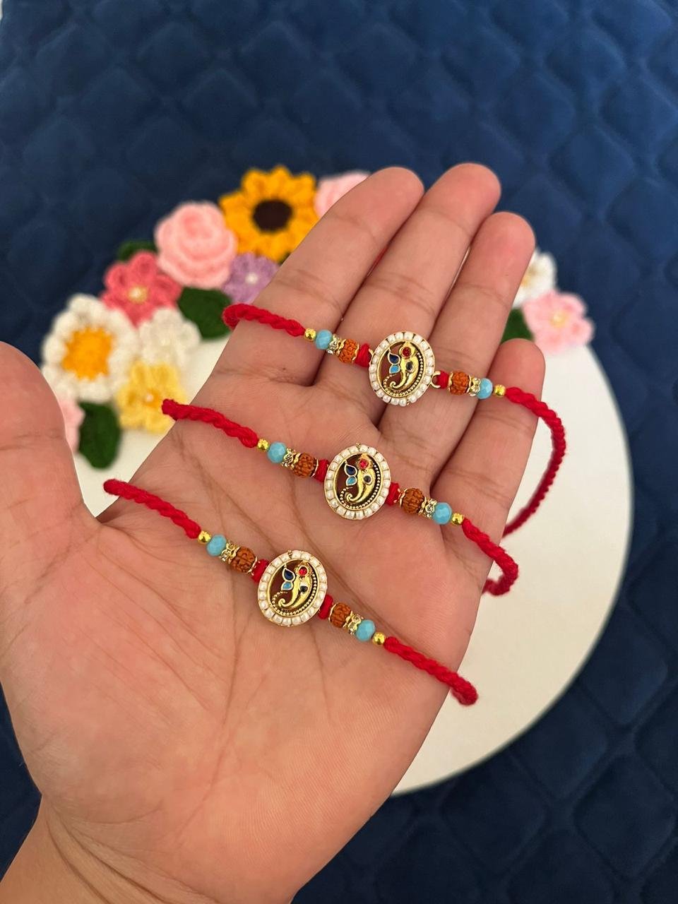 Traditional Meenakari Peacock Rudraksha Designer Rakhi (Single Piece) - Image 2