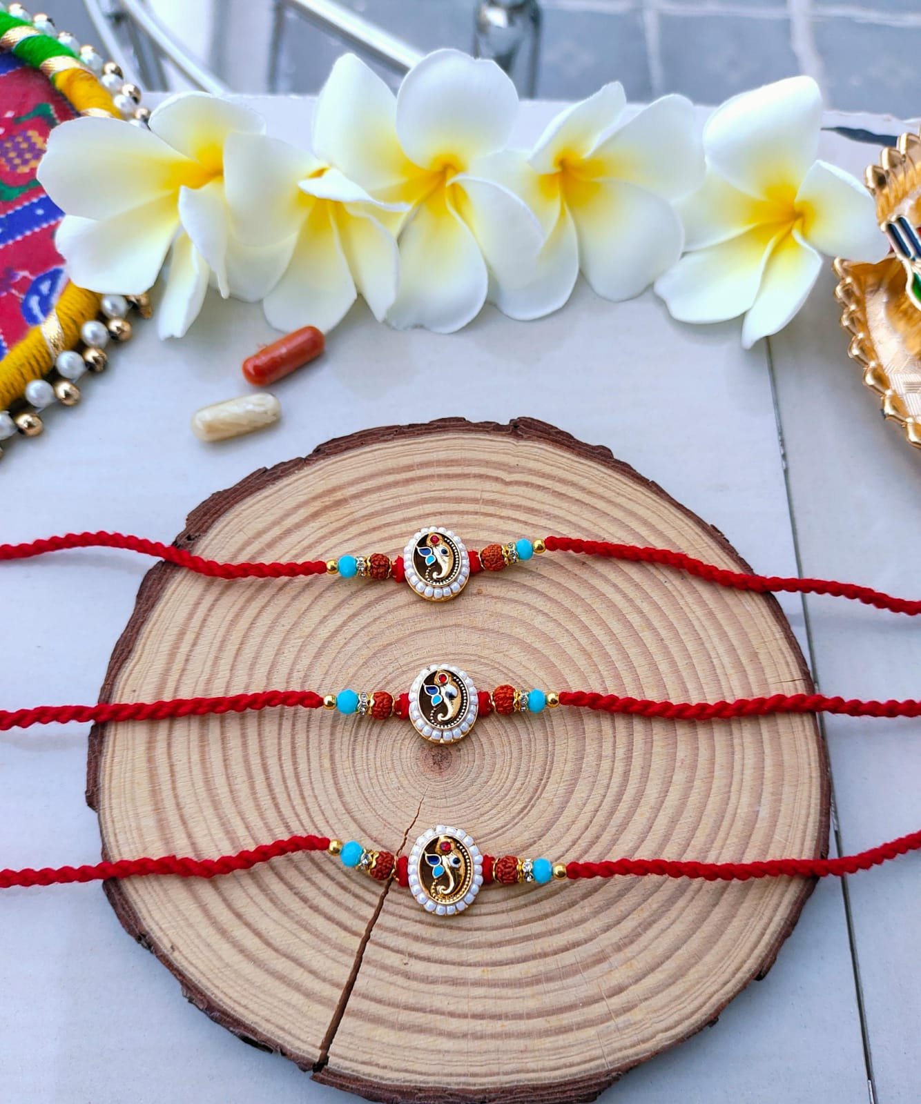 Traditional Meenakari Peacock Rudraksha Designer Rakhi (Single Piece)