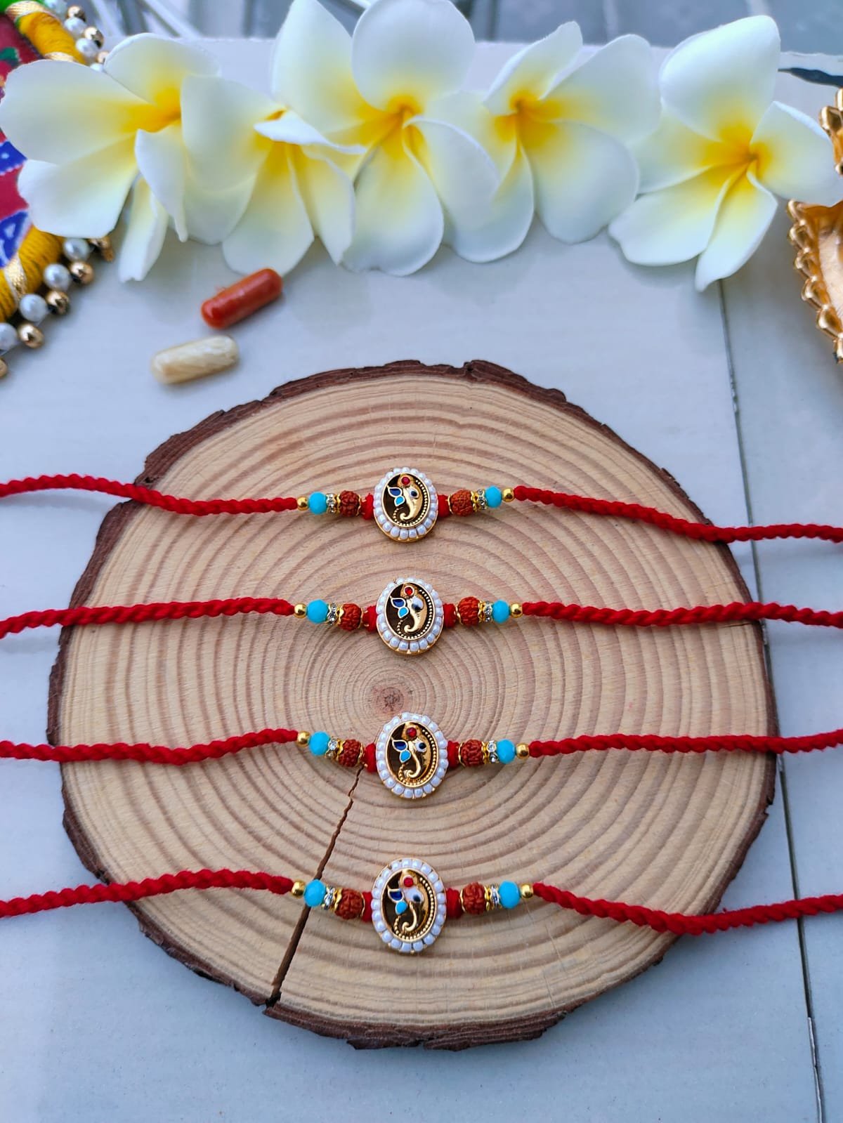Traditional Meenakari Peacock Rudraksha Designer Rakhi (Single Piece) - Image 3