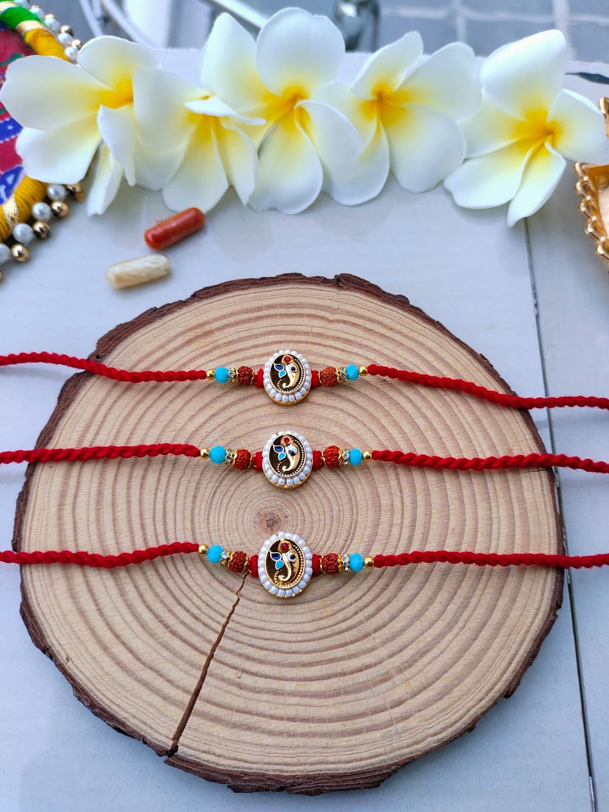 Traditional Meenakari Peacock Rudraksha Designer Rakhi (Single Piece) - Image 5