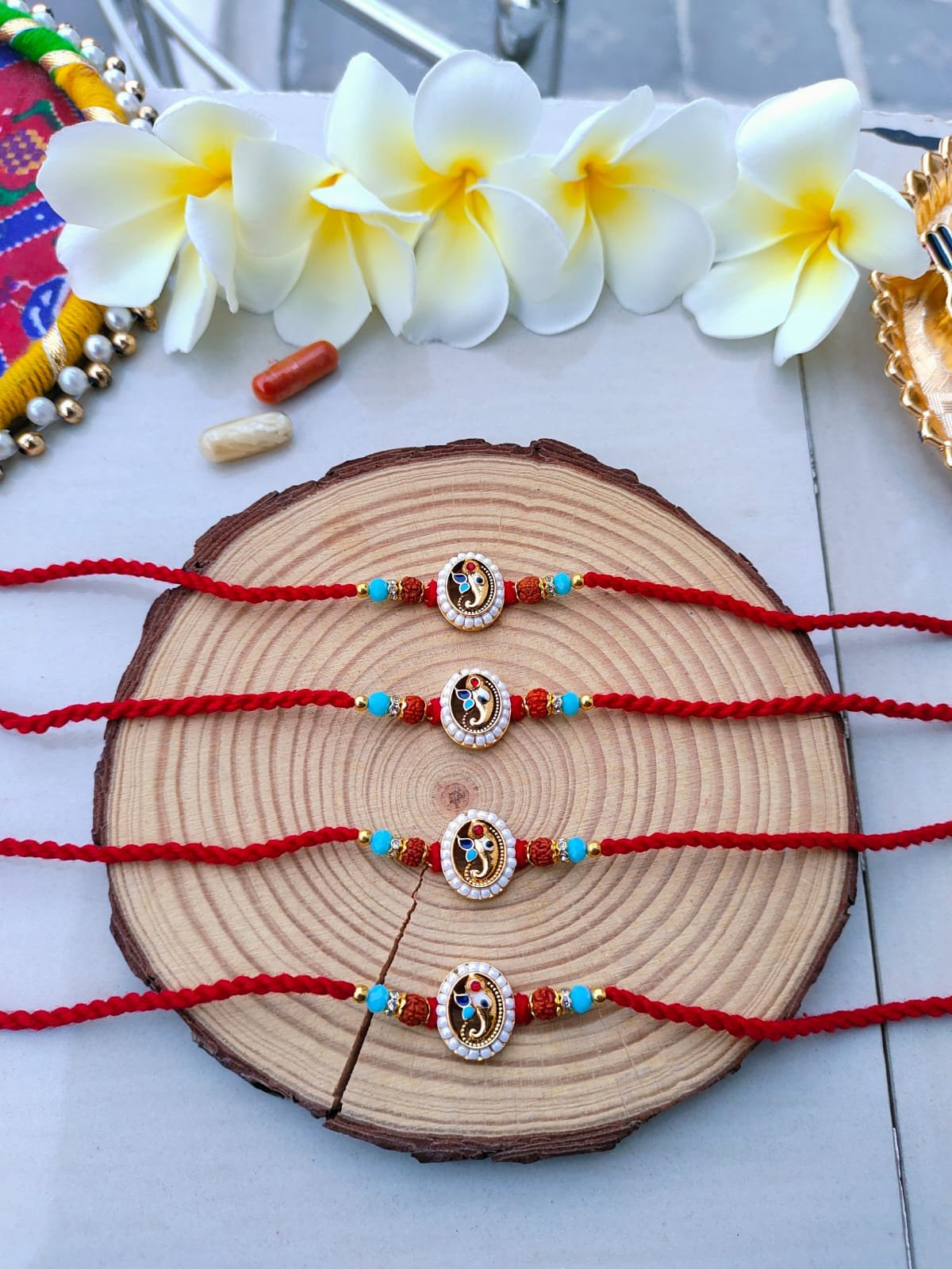 Traditional Meenakari Peacock Rudraksha Designer Rakhi (Single Piece) - Image 4