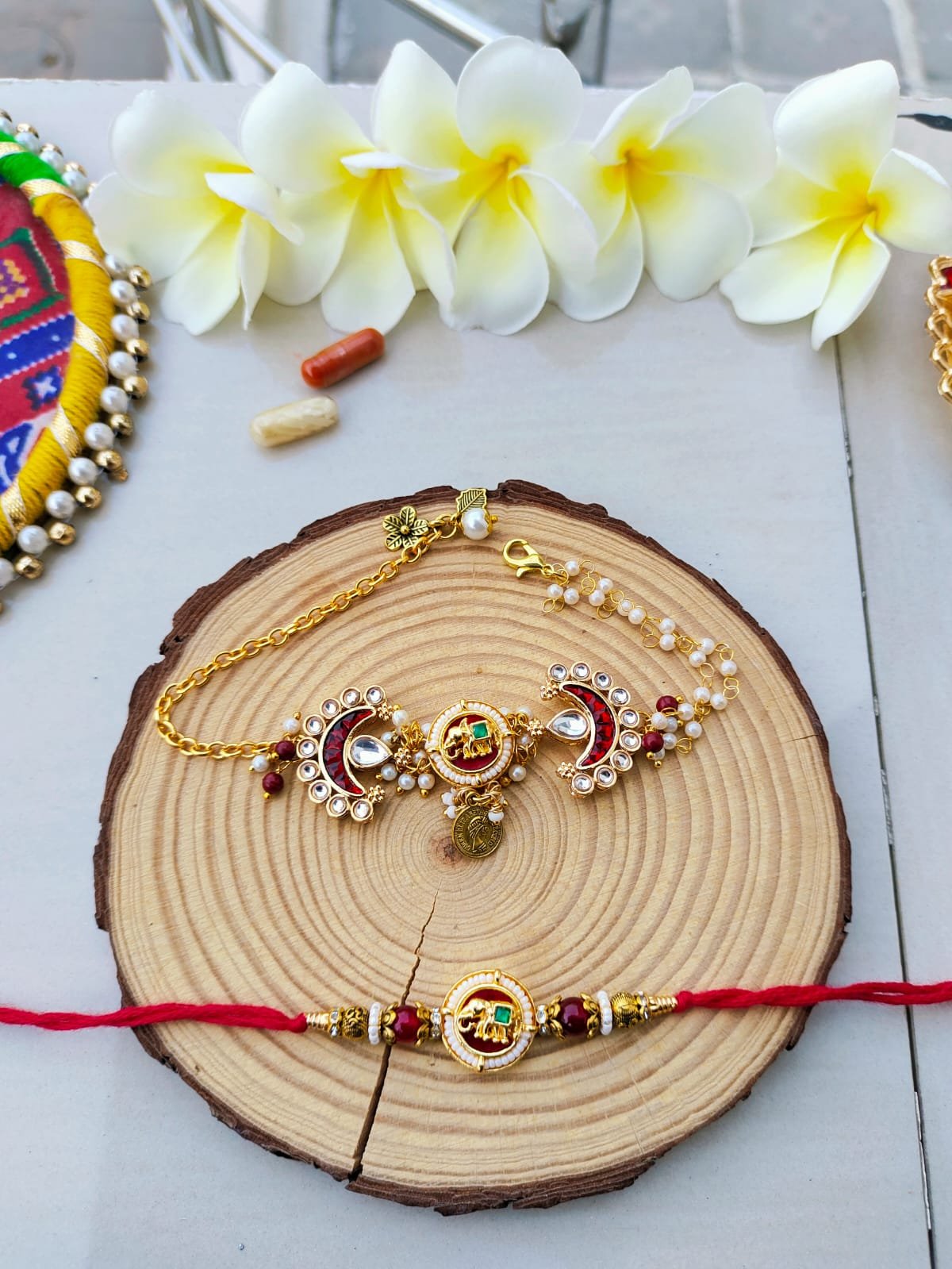 Royal Maroon Meenakari Elephant Bhaiya Bhabhi Combo Rakhi Set