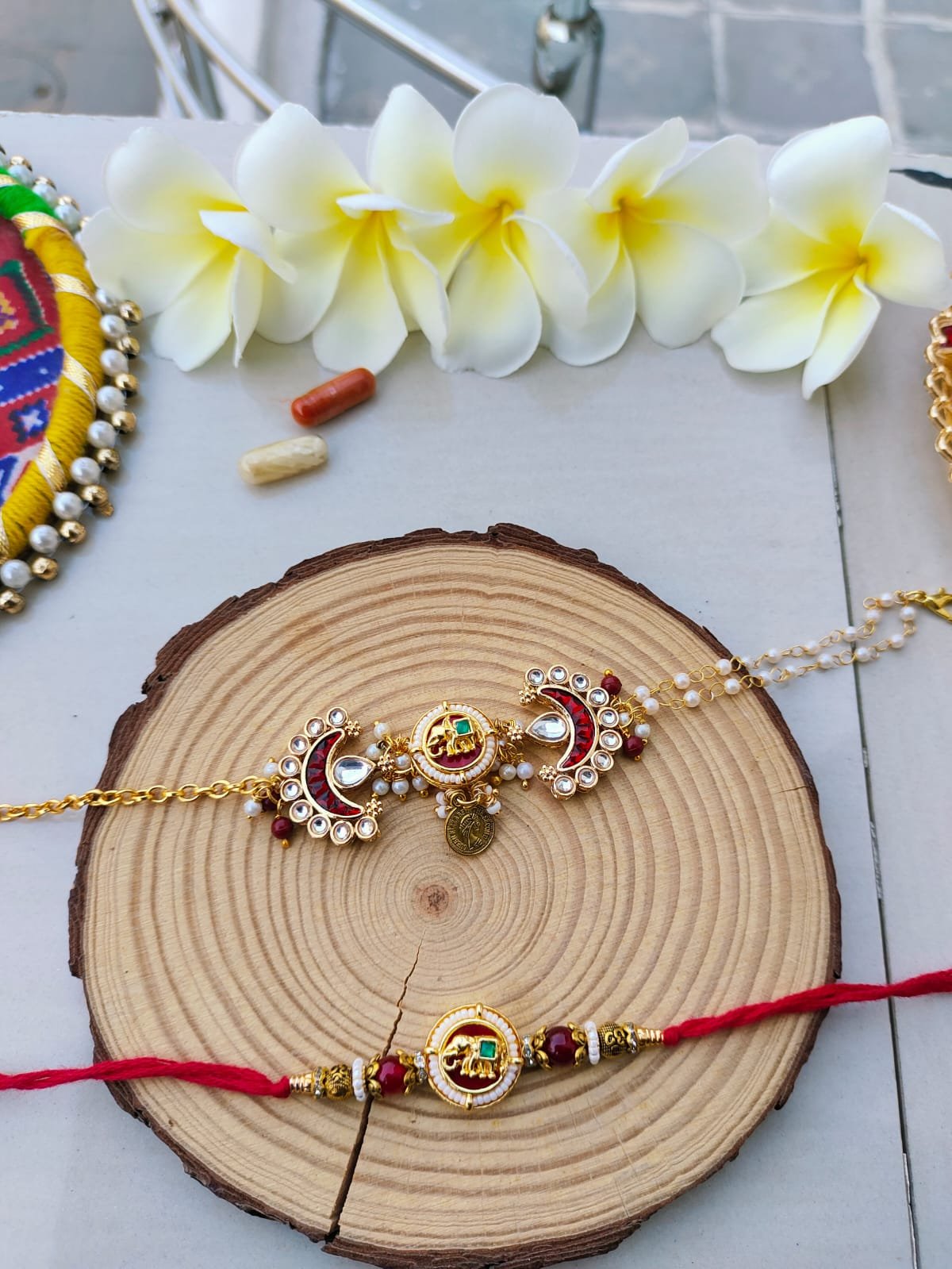 Royal Maroon Meenakari Elephant Bhaiya Bhabhi Combo Rakhi Set - Image 3