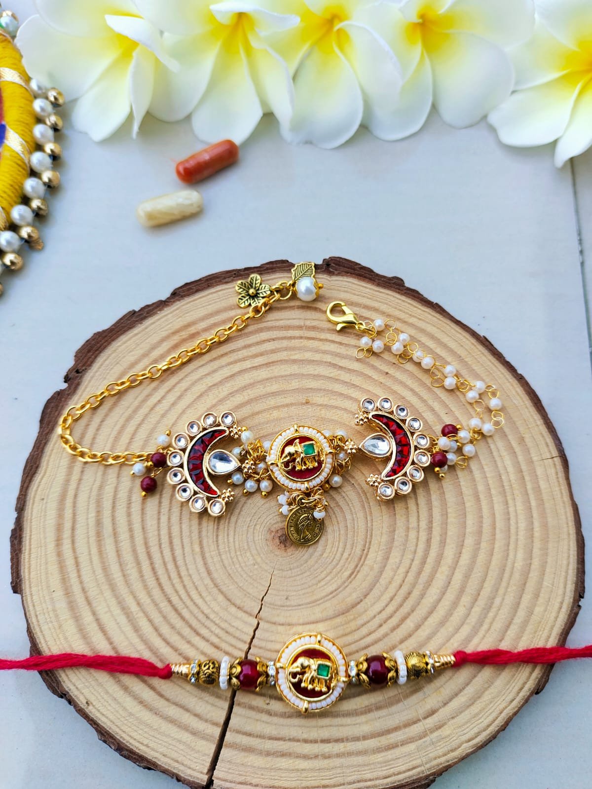 Royal Maroon Meenakari Elephant Bhaiya Bhabhi Combo Rakhi Set - Image 2
