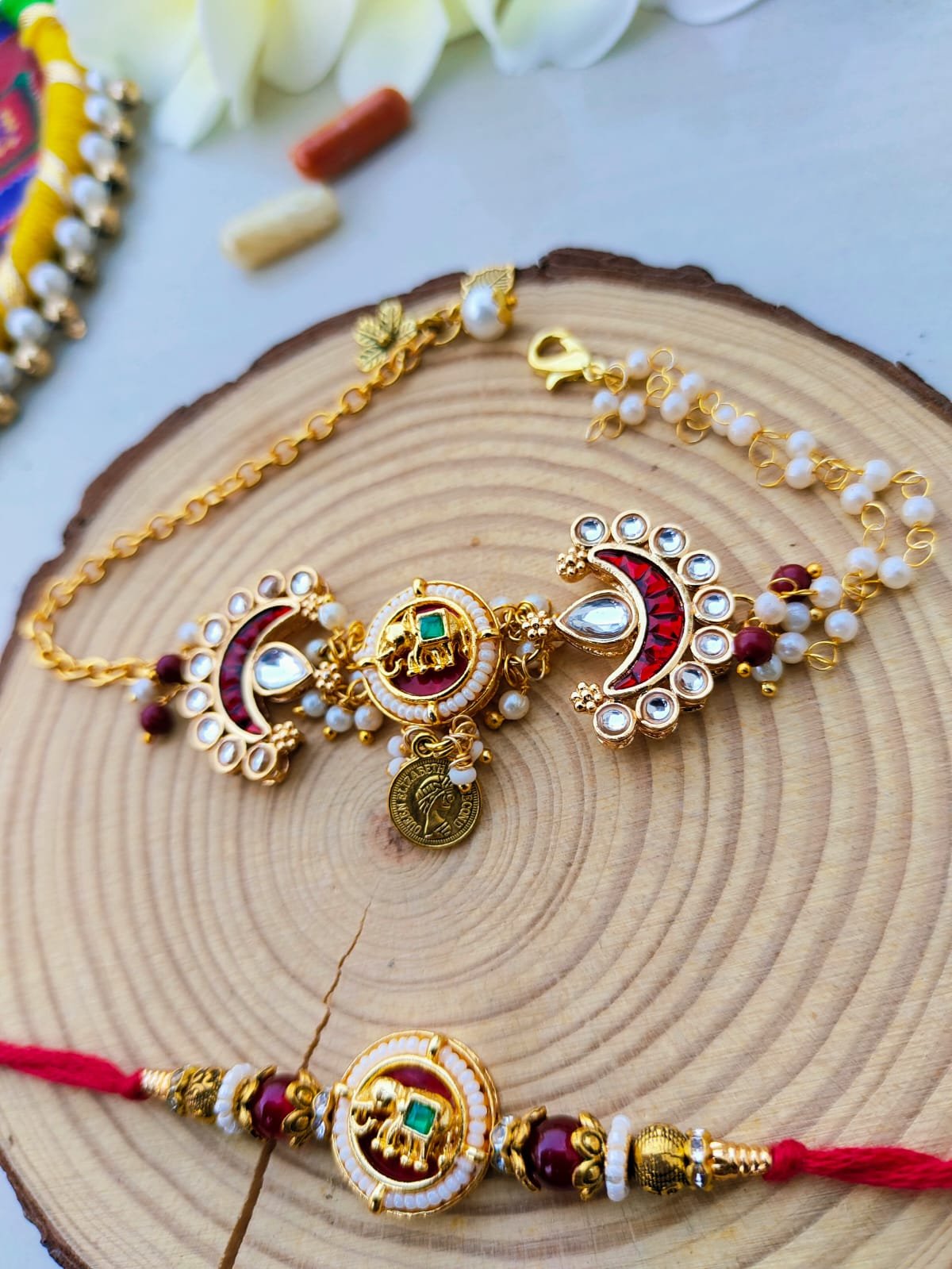 Royal Maroon Meenakari Elephant Bhaiya Bhabhi Combo Rakhi Set - Image 4
