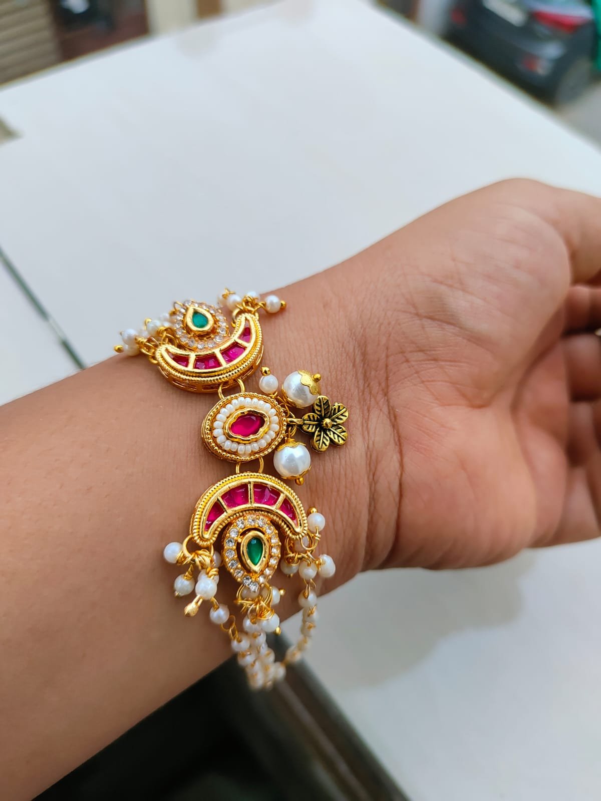 Royal Pink Chand Kundan Multi-Strand Pearl Bhaiya Bhabhi Combo Rakhi Set - Image 3
