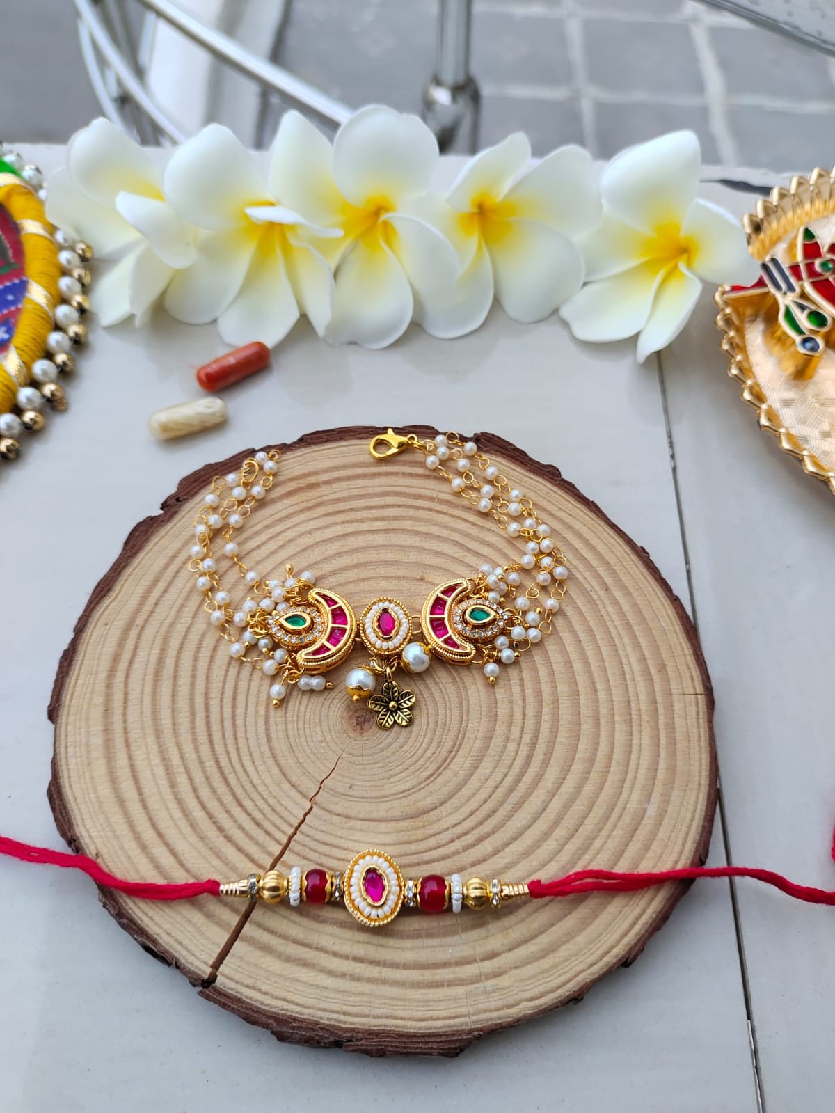 Royal Pink Chand Kundan Multi-Strand Pearl Bhaiya Bhabhi Combo Rakhi Set - Image 4