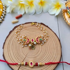 Royal Pink Chand Kundan Multi-Strand Pearl Bhaiya Bhabhi Combo Rakhi Set