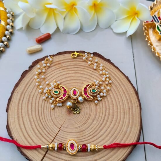 Royal Pink Chand Kundan Multi-Strand Pearl Bhaiya Bhabhi Combo Rakhi Set