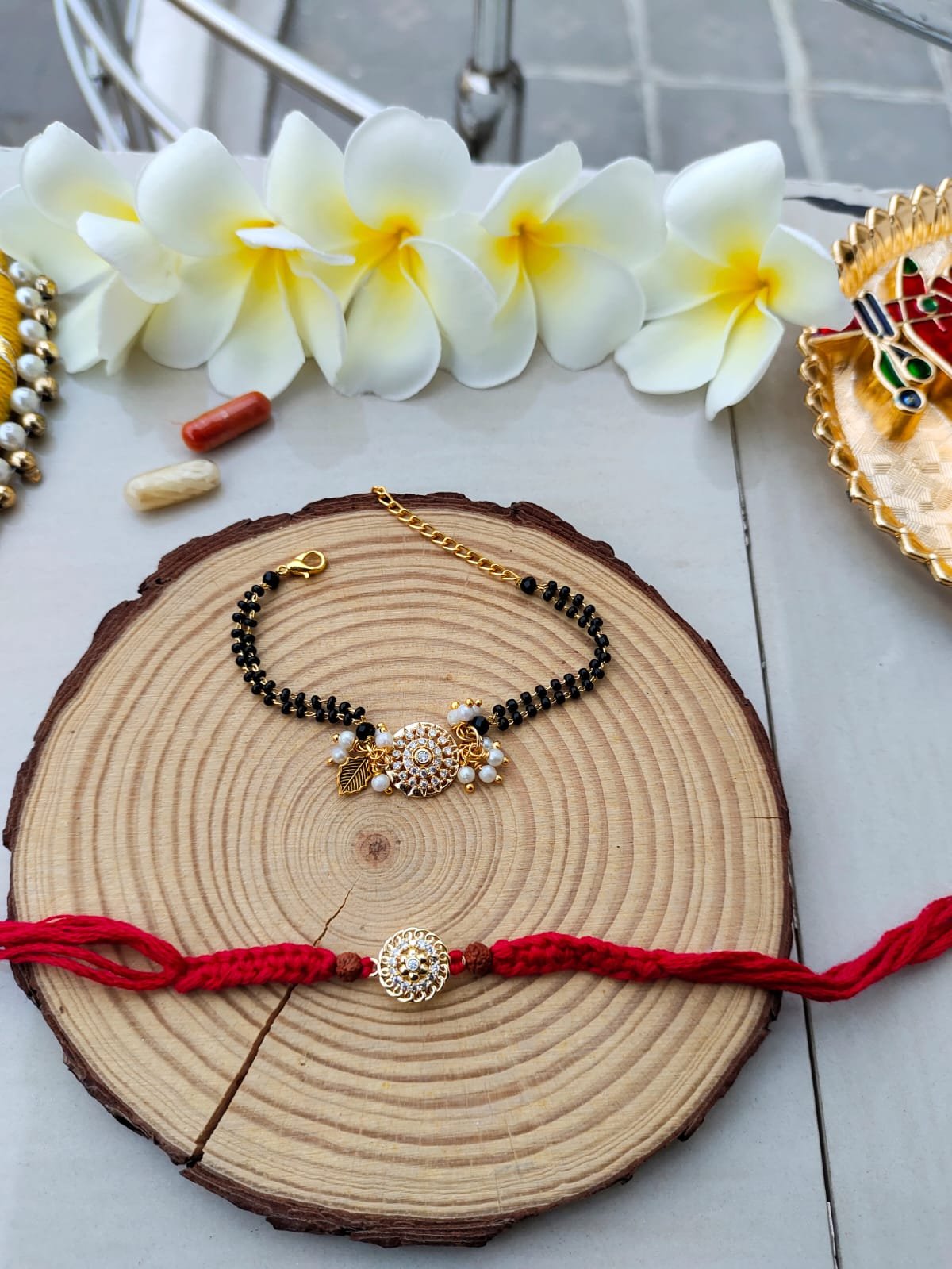 Diamond Style Elegant CZ Floral Dial Mangalsutra Bhaiya Bhabhi Combo Rakhi Set - Image 3