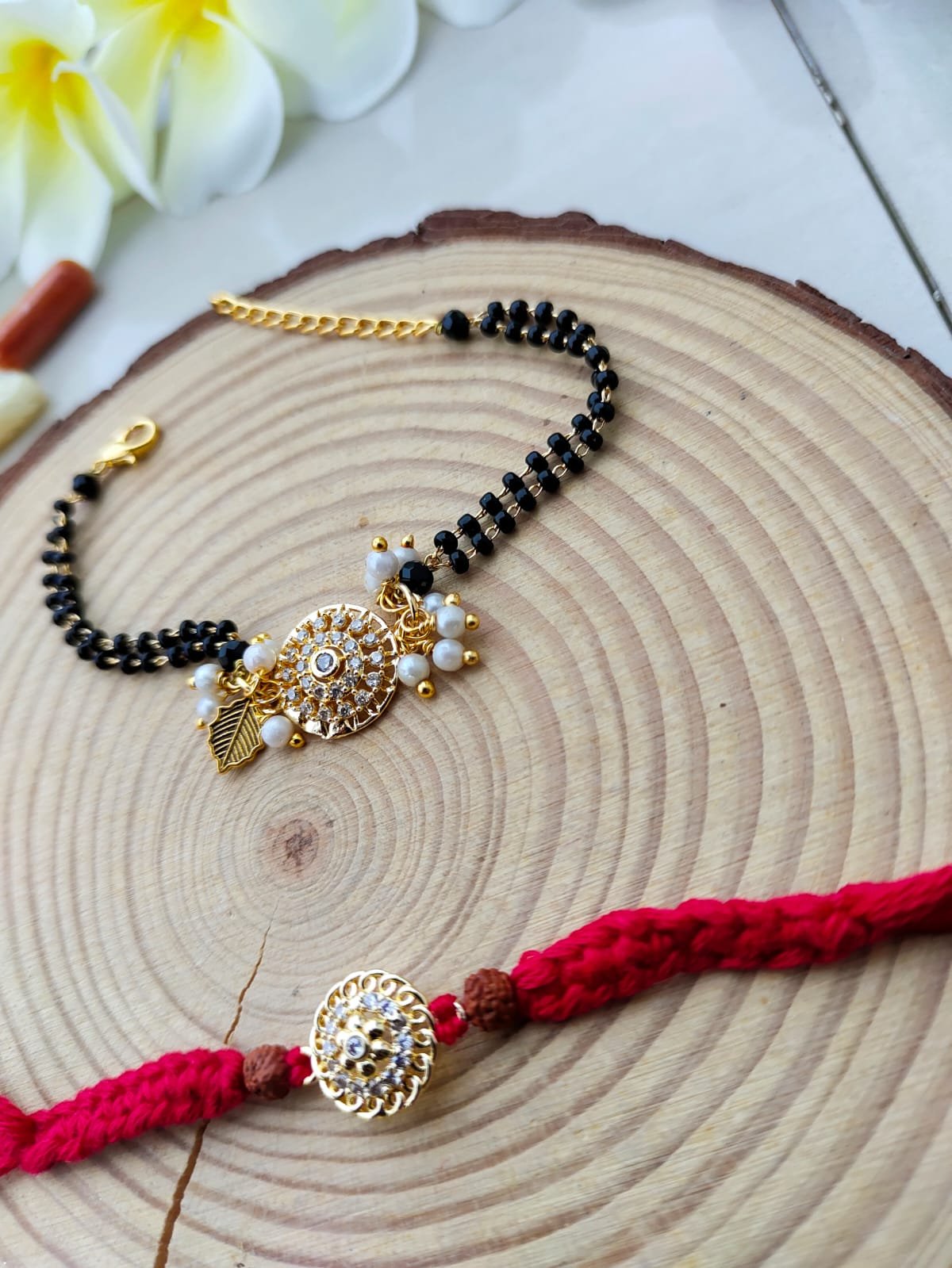 Diamond Style Elegant CZ Floral Dial Mangalsutra Bhaiya Bhabhi Combo Rakhi Set - Image 2