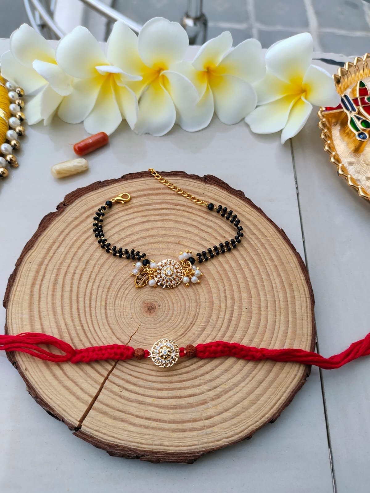 Diamond Style Elegant CZ Floral Dial Mangalsutra Bhaiya Bhabhi Combo Rakhi Set