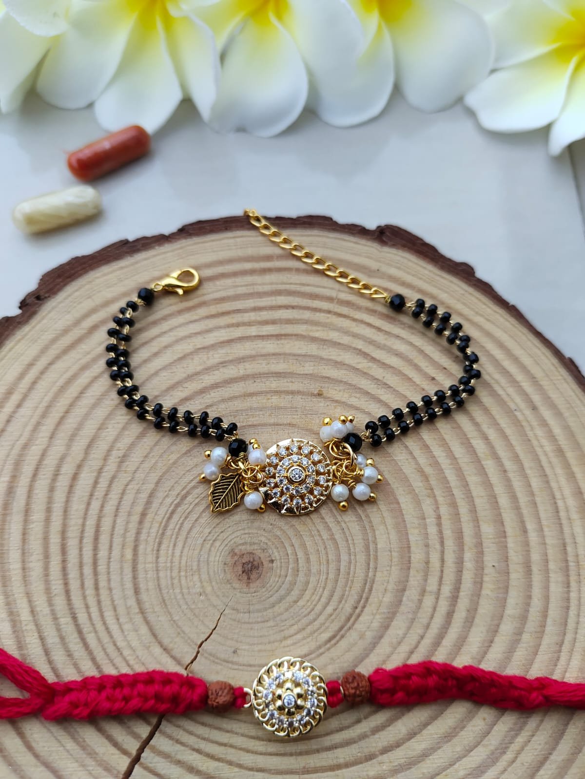 Diamond Style Elegant CZ Floral Dial Mangalsutra Bhaiya Bhabhi Combo Rakhi Set - Image 5