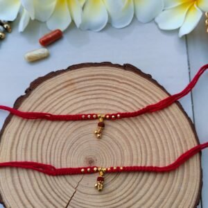 Golden-Toned Beaded Rudraksha Hanging Lumba Rakhis for Bhabhi