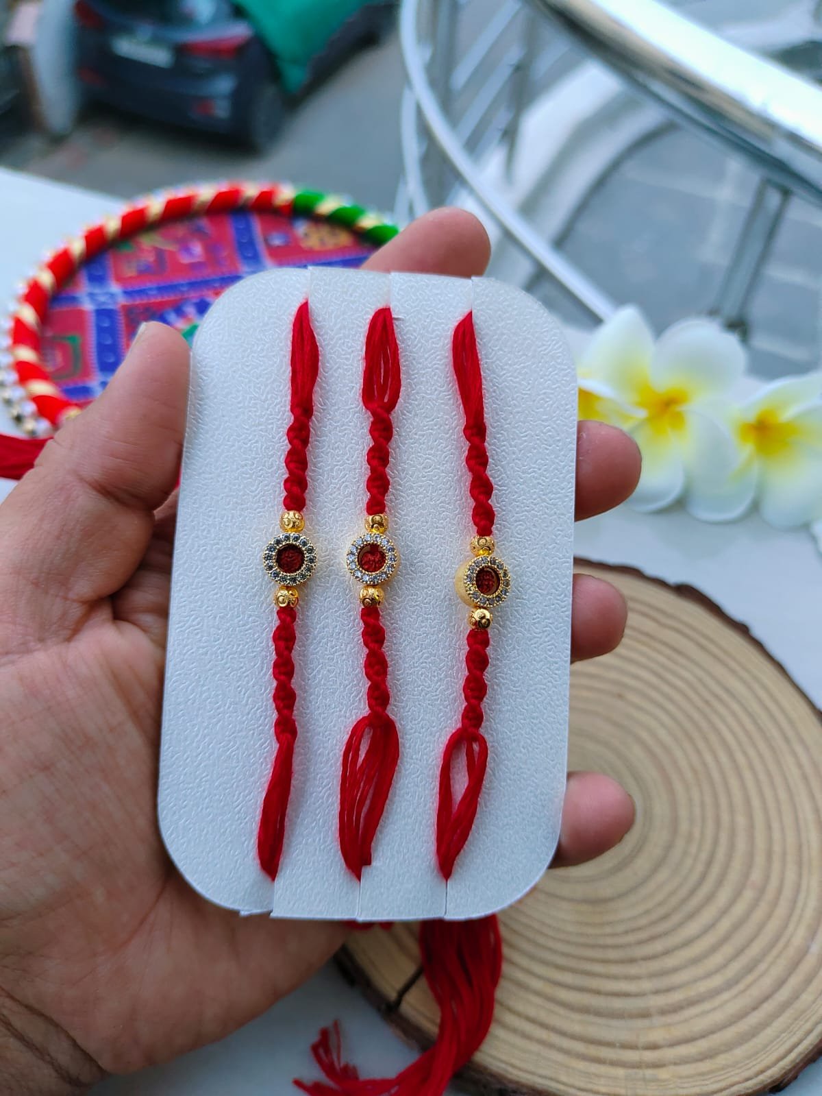 Traditional Ruby Red Diamond Style Circular Dial Designer Rakhi (Single Piece) - Image 2