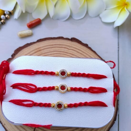 Traditional Ruby Red Diamond Style Circular Dial Designer Rakhi (Single Piece)