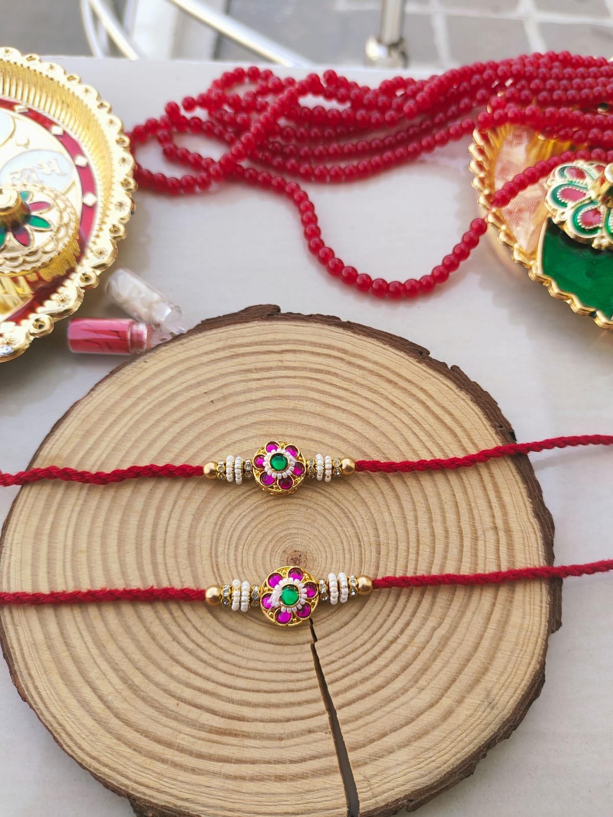 Traditional Meenakari Floral Pearl Beaded Designer Rakhi (Single Piece) - Image 2
