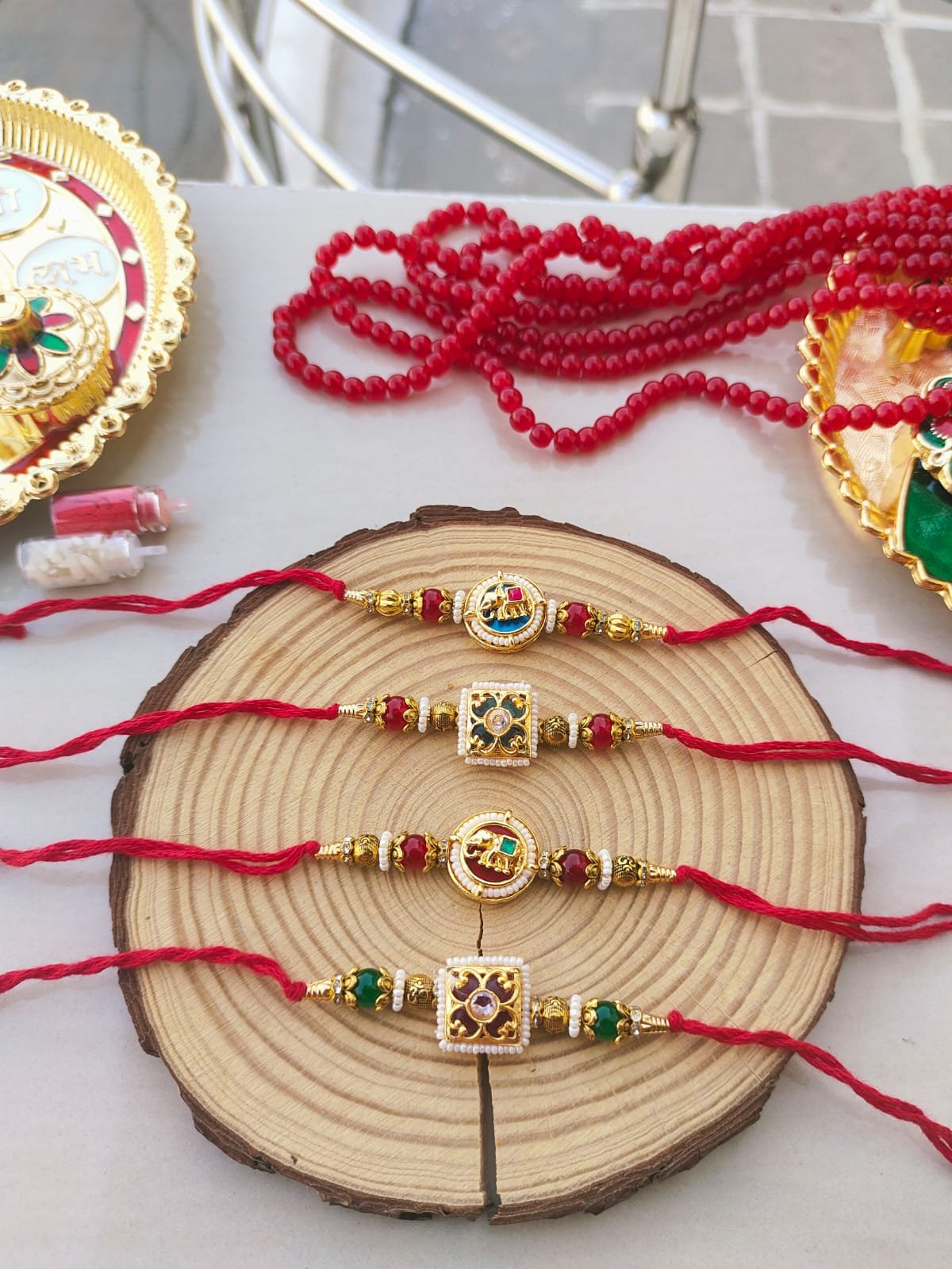 Royal Meenakari Elephant and Square Kundan Heritage Designer Rakhi (Single Piece) - Image 4