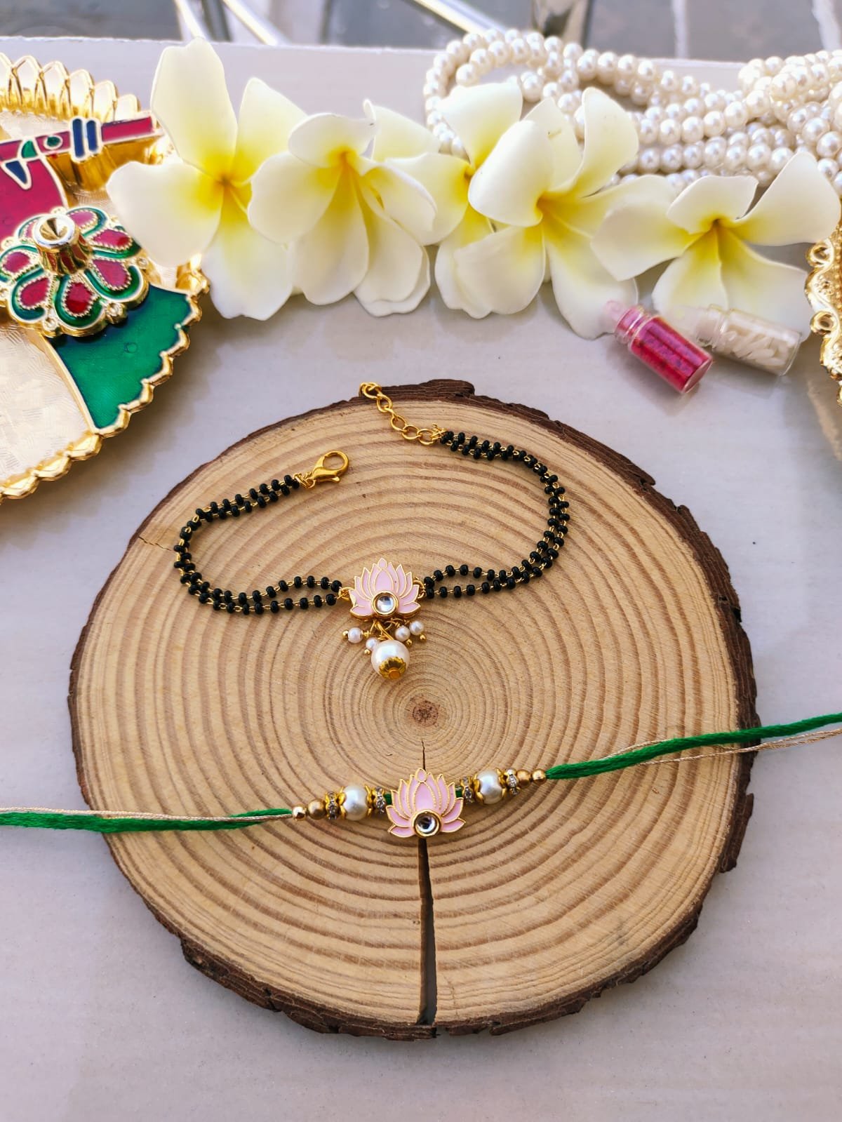 Pink Lotus Mangalsutra Style Bhaiya Bhabhi Combo Rakhi Set - Image 2