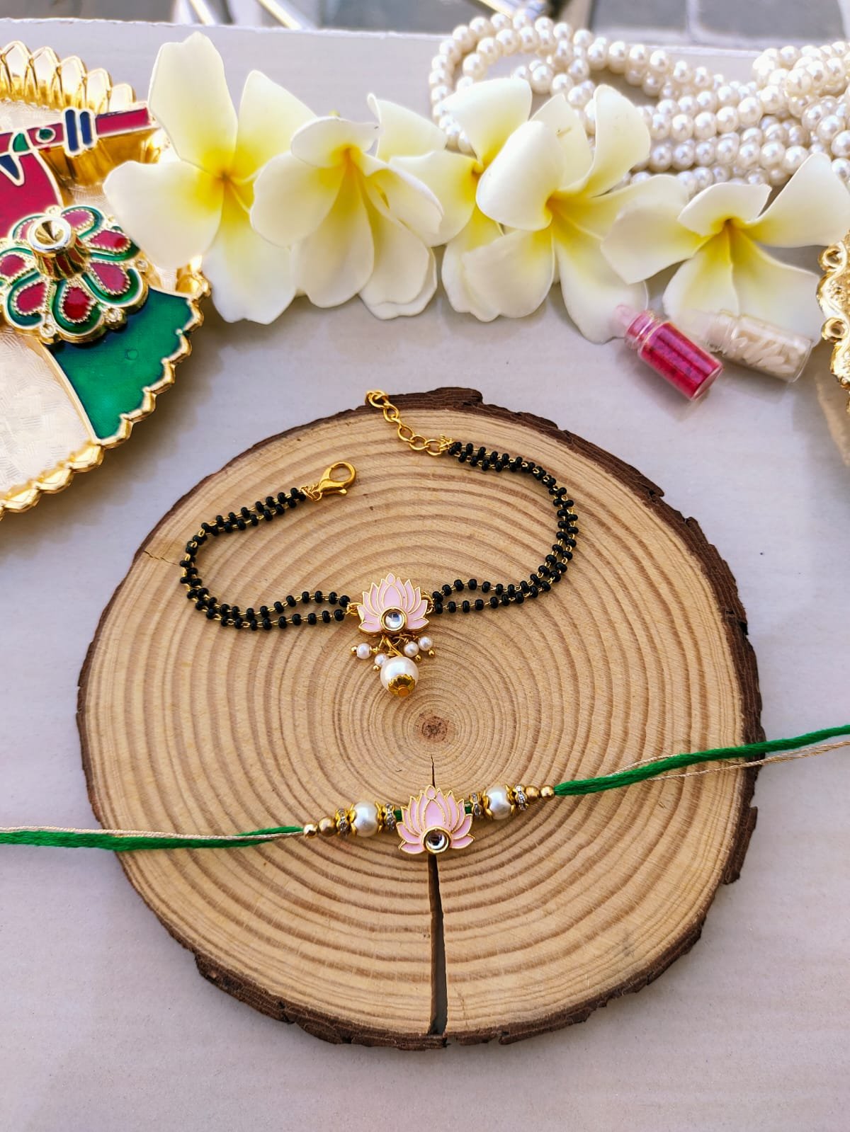 Pink Lotus Mangalsutra Style Bhaiya Bhabhi Combo Rakhi Set - Image 4