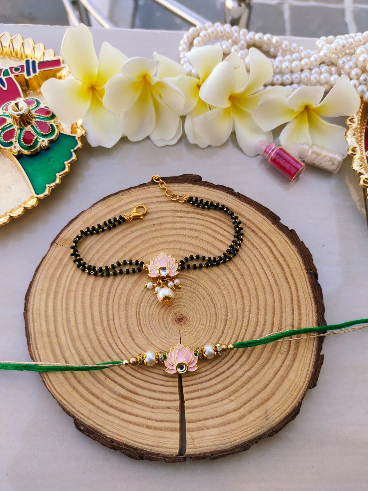 Pink Lotus Mangalsutra Style Bhaiya Bhabhi Combo Rakhi Set - Image 3